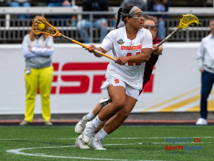 Emma Ward (Syracuse Freshman) shoots lacrosse ball right handed against Boston College 2021 NCAA Women's Lacrosse Championship Game © Equity IX - SPortsOgram - Leigh Ernst Friestedt