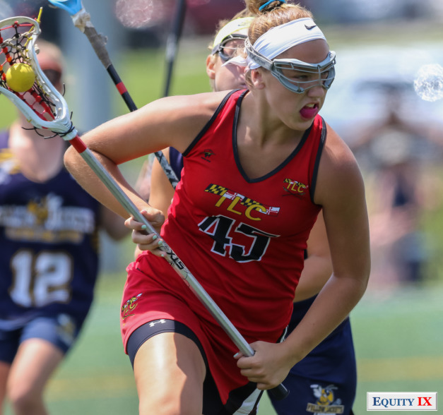 Girls club lacrosse player wearing red jersey #45 TLC Maryland - Early Recruiting Tournament © Equity IX - SportsOgram - Leigh Ernst Friestedt