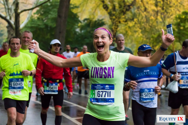 Lindsay Ernst running in NYC Marathon at mile 25 in Central Park #67711 wearing bright colored shirt and headband celebrating seeing friend on sidelines © Equity IX - SportsOgram - Leigh Ernst Friestedt