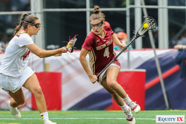 Kenzie Kent #4 Boston College drives to goal left handed against #14 Maryland defender at 2017 NCAA Women's Lacrosse Championship Game © Equity IX - SportsOgram - Leigh Ernst Friestedt
